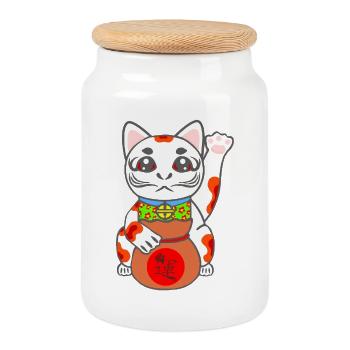 Maneki Neko, Glückskatze, japanese Bobtail Katze - Keksdose mit Holzdeckel - Weiß - Vorne