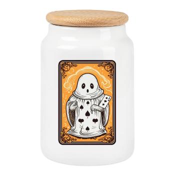 Tarot Karte Geist mit Pik Ass Karte - Keksdose mit Holzdeckel - Weiß - Vorne