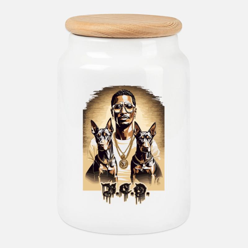 Rapper mit Dobermänner - Keksdose mit Holzdeckel - Weiß