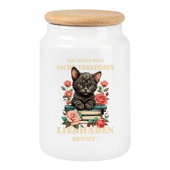 Süße schlaue Katze - Keksdose mit Holzdeckel - Weiß - Vorne