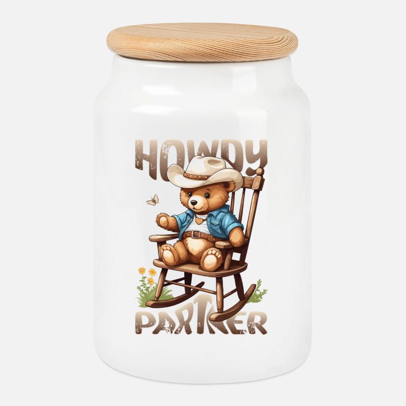Ours mignon avec chapeau de cow-boy - Boîte à biscuits avec couvercle en bois - blanc