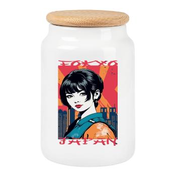Tokyo Japan - Cookie Jar with Wooden Lid - white - Front