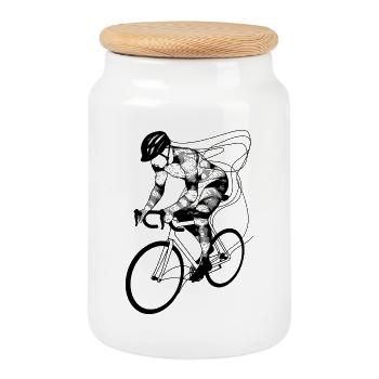 Cyclist - Cookie Jar with Wooden Lid - white - Front