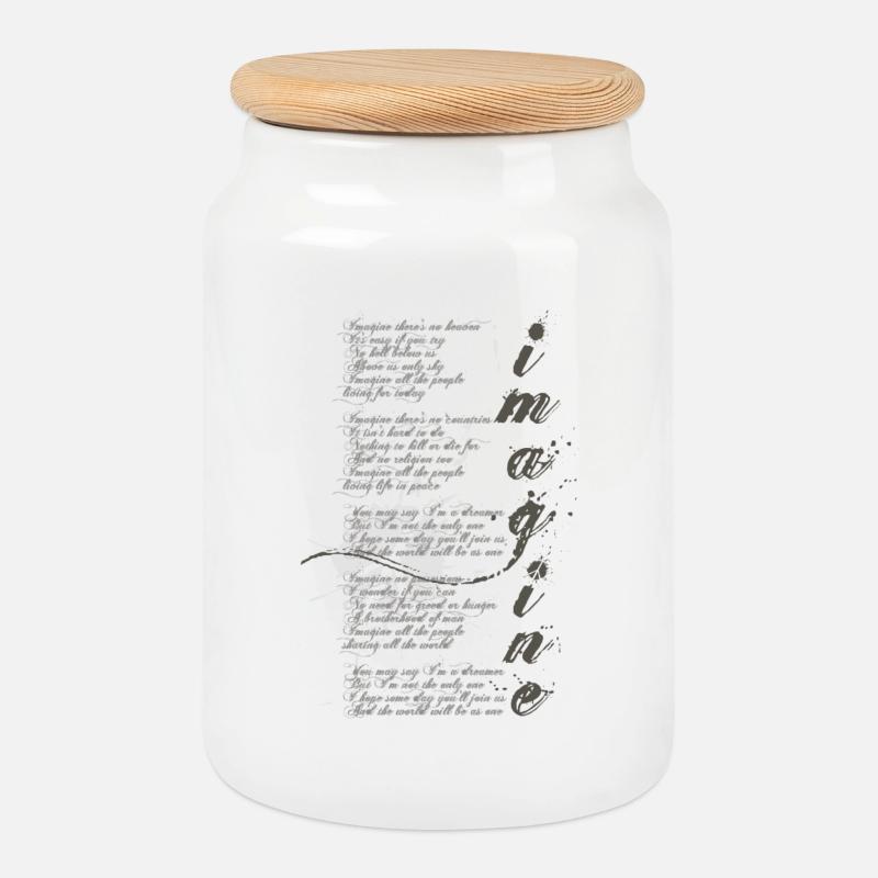 imagine - grafisches Peace-Zeichen und Lied-Text - Keksdose mit Holzdeckel - Weiß