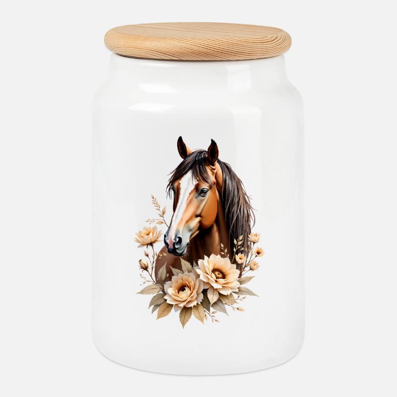 Elegantes Pferdeportrait mit Blumen - Keksdose mit Holzdeckel - Weiß