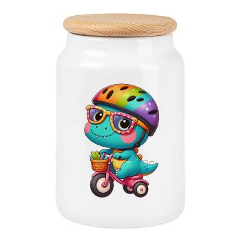 Little dino with bike and helmet - Cookie Jar with Wooden Lid - white - Front