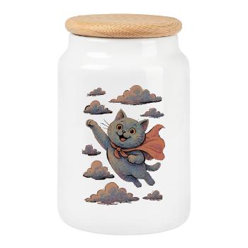 Super Cat British Shorthair Blue Cloak Gift - Cookie Jar with Wooden Lid - white - Front
