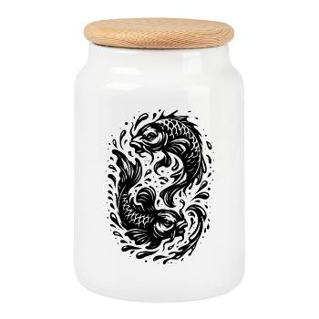 Two Koi – Yin-Yang Inspired Fish Motif - Cookie Jar with Wooden Lid - white - Front