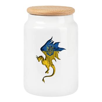 Flag of Ukraine - Ukraine - Dragon Silhouette - Cookie Jar with Wooden Lid - white - Front