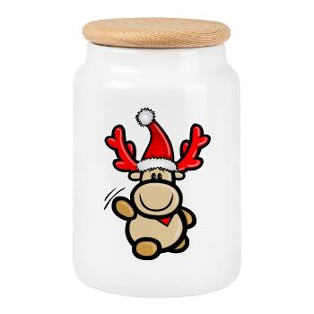 Cartoon reindeer Elmondo waving with Santa hat - Cookie Jar with Wooden Lid - white - Front