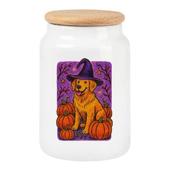 Verzaubertes Kürbishund-Halloween-Design - Keksdose mit Holzdeckel - Weiß - Vorne