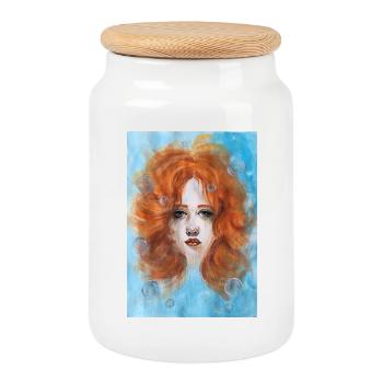 Redhead Woman Portrait Mermaid with Bubbles - Cookie Jar with Wooden Lid - white - Front