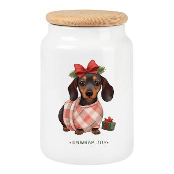 Déballez la joie - Teckel de Noël en cadeau - Boîte à biscuits avec couvercle en bois - blanc - Devant