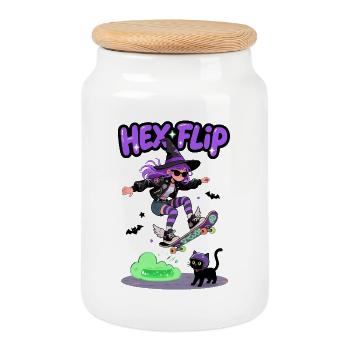 Hex Flip Witch Conception de planche à roulettes - Boîte à biscuits avec couvercle en bois - blanc - Devant