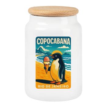 Copocabana Pingouin Rio Affiche - Boîte à biscuits avec couvercle en bois - blanc - Devant