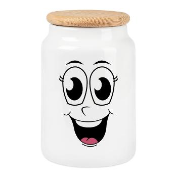 Happy Face  - Cookie Jar with Wooden Lid - white - Front