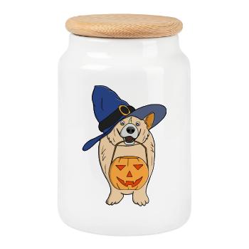 Pumpkin Witch Dog - Cookie Jar with Wooden Lid - white - Front