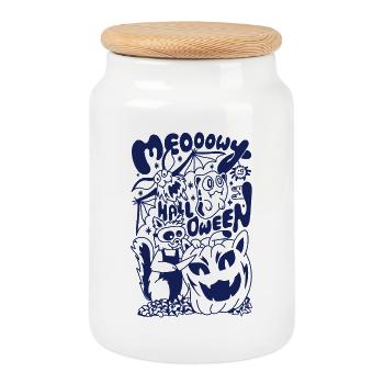 Miaou Halloween Chat Citrouille Dessin Animé Doodle - Boîte à biscuits avec couvercle en bois - blanc - Devant