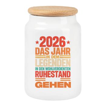 2026 Legende Ruhestand – Rentner Pensionär Geschen - Keksdose mit Holzdeckel - Weiß - Vorne