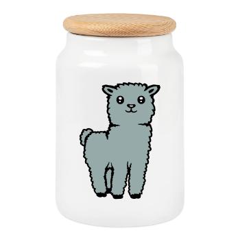 Mignon Alpaga Lama Animal Doux Moelleux Bande Dessinée - Boîte à biscuits avec couvercle en bois - blanc - Devant