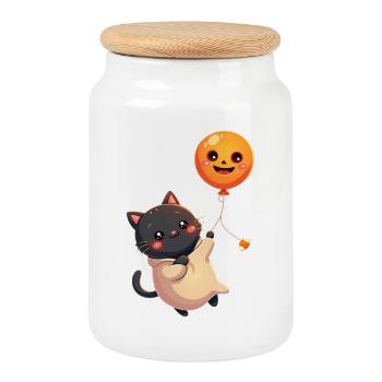 Halloween Katze mit Halloween Kürbis - Keksdose mit Holzdeckel - Weiß - Vorne