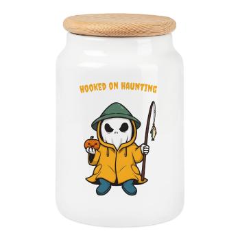 Fisher Boo - Autocollant fantôme d’Halloween mignon avec pum - Boîte à biscuits avec couvercle en bois - blanc - Devant