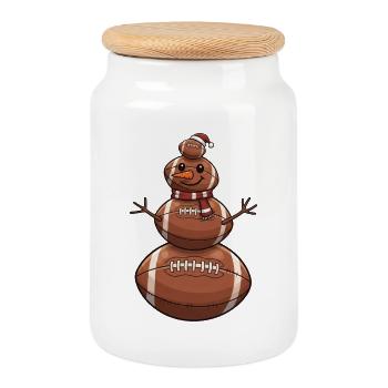 Football Cartoon Snowman - Cookie Jar with Wooden Lid - white - Front