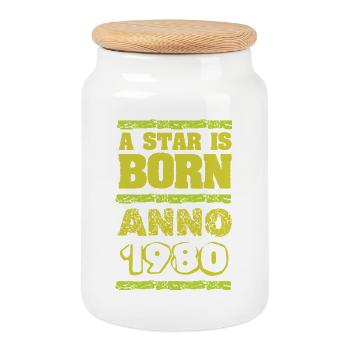 year 1980 - Cookie Jar with Wooden Lid - white - Front