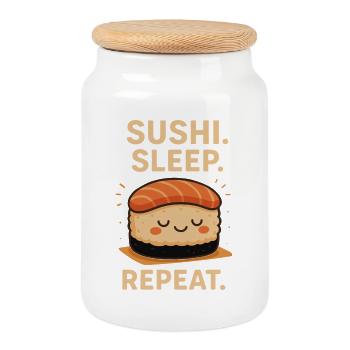 Sushi Sleep Repeat – Fun Kawaii Design - Cookie Jar with Wooden Lid - white - Front