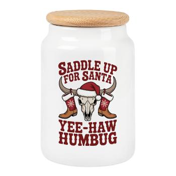 Sattel auf für Santa Yee-Haw Humbug Weihnachtsdesign - Keksdose mit Holzdeckel - Weiß - Vorne