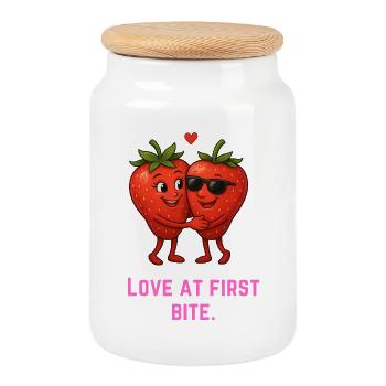 Amour à la première bouchée fraises dessin animé - Boîte à biscuits avec couvercle en bois - blanc - Devant