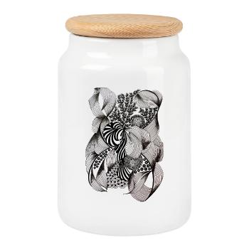 Black and white flower swirls - Cookie Jar with Wooden Lid - white - Front