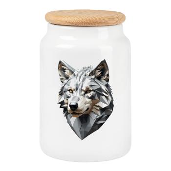 Wolfskopf LowPoly Geometrisch - Keksdose mit Holzdeckel - Weiß - Vorne