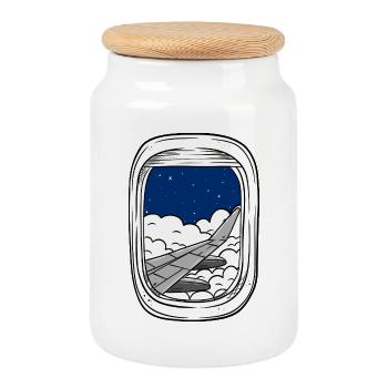 Night flight over cloud windows - Cookie Jar with Wooden Lid - white - Front