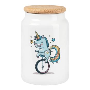 Unicorn on a unicycle – a colourful dream - Cookie Jar with Wooden Lid - white - Front