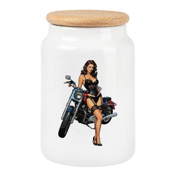 Fille du Pin Up avec Moto - Boîte à biscuits avec couvercle en bois - blanc - Devant