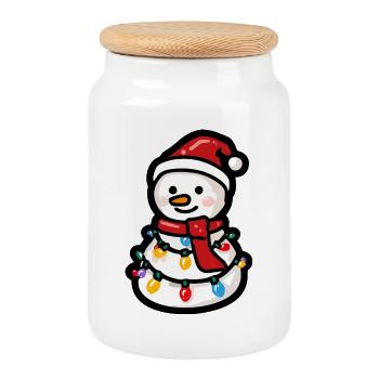 Bonhomme de neige avec guirlandes lumineuses et écharpe - Boîte à biscuits avec couvercle en bois - blanc - Devant