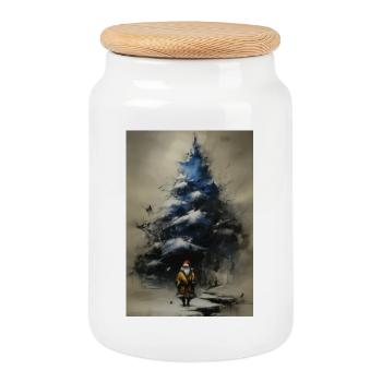 Sapin nocturne et Père Noël hivernal - Boîte à biscuits avec couvercle en bois - blanc - Devant