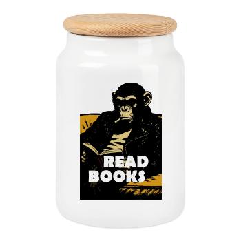 Chimp is reading books - Cookie Jar with Wooden Lid - white - Front