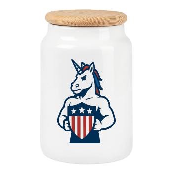 Patriotic Unicorn Guardian Maskottchen-Design - Keksdose mit Holzdeckel - Weiß - Vorne