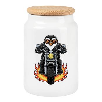 Cool Biker Penguin Motorcycle Flames - Cookie Jar with Wooden Lid - white - Front