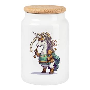 Unicorn Warrior Bagpipes - Cookie Jar with Wooden Lid - white - Front