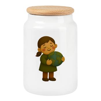 Little environmentalist with globe - Cookie Jar with Wooden Lid - white - Front