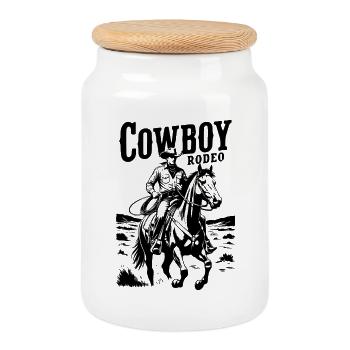 Rodeo Cowboy on Horse Silhouette - Cookie Jar with Wooden Lid - white - Front