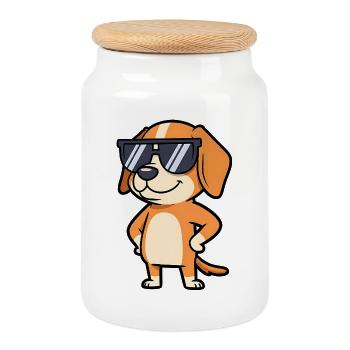 Posture du chien avec lunettes de soleil - Boîte à biscuits avec couvercle en bois - blanc - Devant