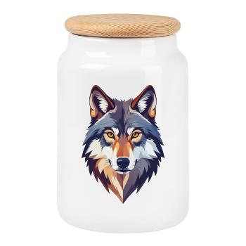 Wolf Kopf Motiv stolzer Wolfskopf Illustration - Keksdose mit Holzdeckel - Weiß - Vorne