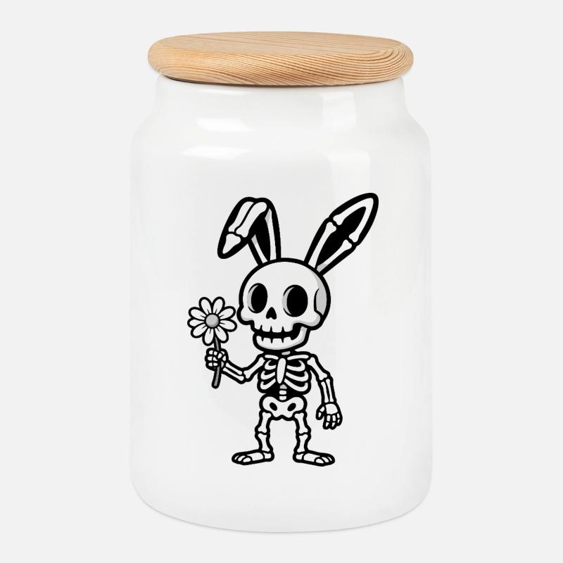Skeletthase mit Blume - Keksdose mit Holzdeckel - Weiß