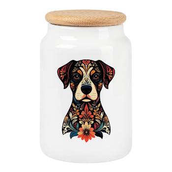 Ornament Hund Floral Muster verzierter Hundekopf - Keksdose mit Holzdeckel - Weiß - Vorne