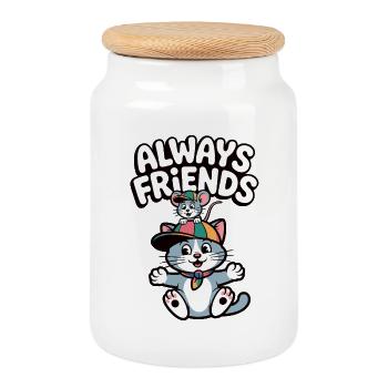 Illustration du chat et de la souris de Always Friends - Boîte à biscuits avec couvercle en bois - blanc - Devant