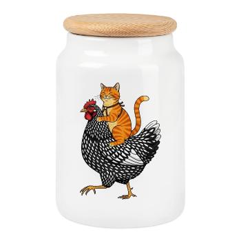 Katze reitet Huhn - Lustiges Bauernhof Abenteuer  - Keksdose mit Holzdeckel - Weiß - Vorne